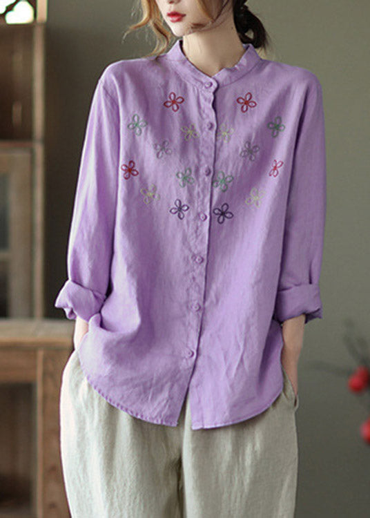 Casual Purple Stand Collar Embroidered Linen Shirt Long Sleeve
