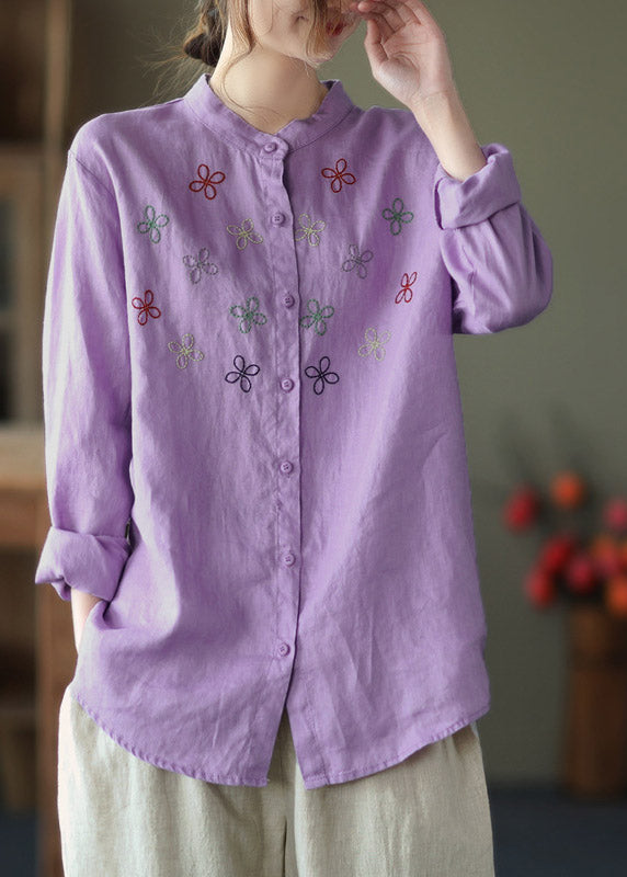 Casual Purple Stand Collar Embroidered Linen Shirt Long Sleeve