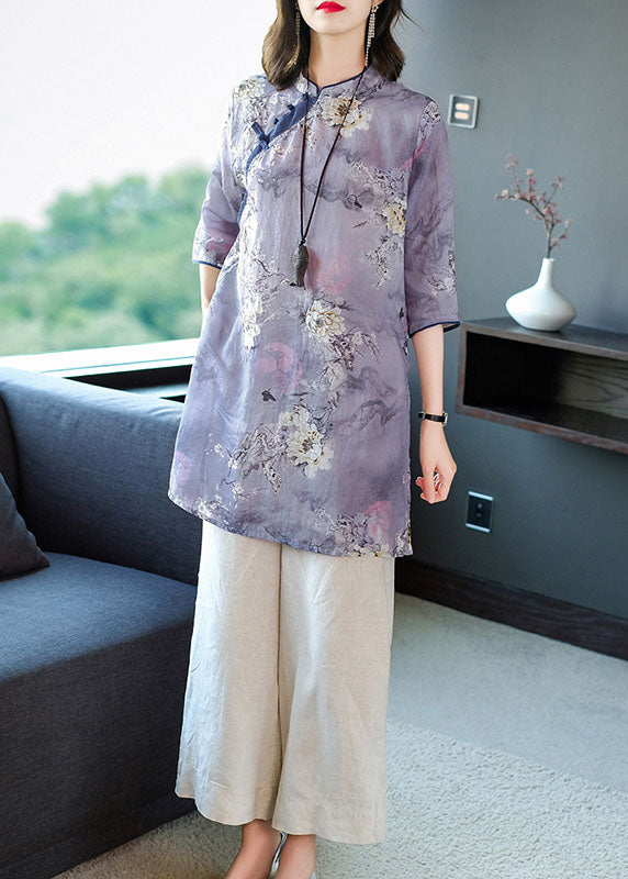 Casual Purple Stand Collar Print Linen Long Shirt Ang Pant Two Piece Set Summer