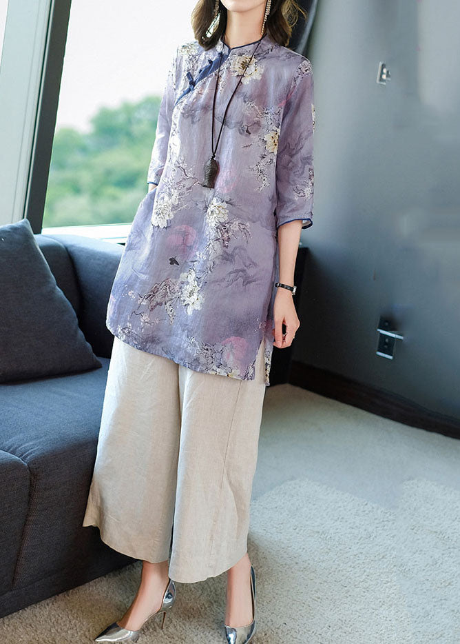Casual Purple Stand Collar Print Linen Long Shirt Ang Pant Two Piece Set Summer