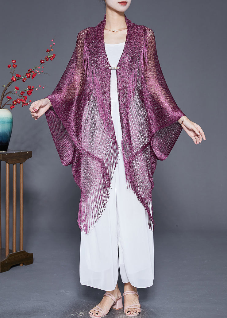 Casual Purple Tasseled Oversized Knit Cardigan Fall