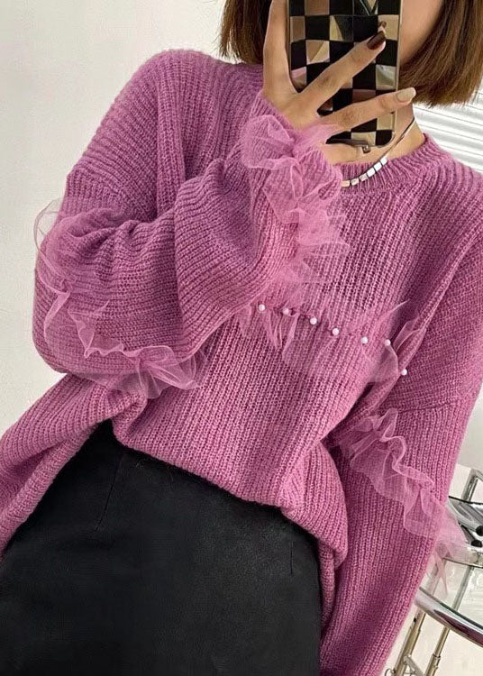Casual Purple Tulle Patchwork Nail bead Fall Knit sweaters