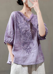 Casual Purple V Neck Embroidered Linen T Shirts Summer