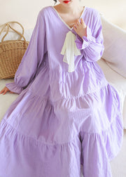 Casual Purple V Neck Patchwork Cotton Maxi Dress Long Sleeve