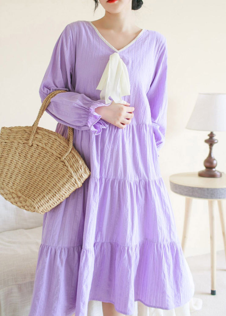 Casual Purple V Neck Patchwork Cotton Maxi Dress Long Sleeve
