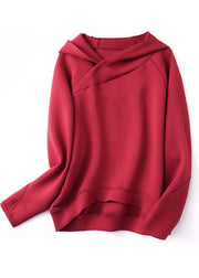 Casual Red Asymmetrical Hooded Solid Color Cotton Sweatshirts Top Fall