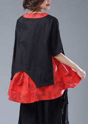 Casual Red Asymmetrical Print Patchwork Cotton T Shirt Top Summer