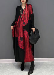 Casual Red Black V Neck Print Patchwork Cotton Long Dress Fall