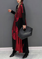 Casual Red Black V Neck Print Patchwork Cotton Long Dress Fall