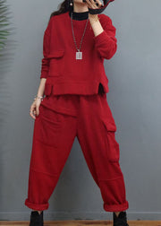 Casual Red Cinched Patchwork Warm Fleece Women Sets 2 Pieces Winter