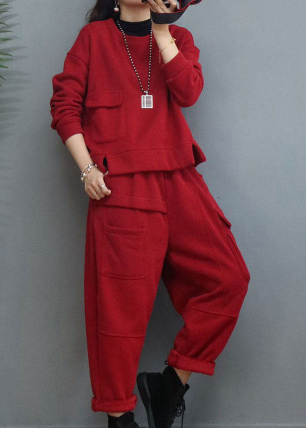 Casual Red Cinched Patchwork Warm Fleece Women Sets 2 Pieces Winter