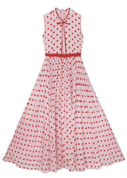 Casual Red Dot Stand Sleeveless Long Summer Chiffon Dress - SooLinen