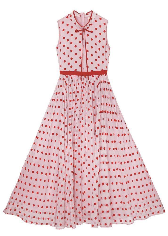 Casual Red Dot Stand Sleeveless Long Summer Chiffon Dress - SooLinen