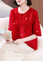 Casual Red Embroidered Nail Bead T Shirts Summer