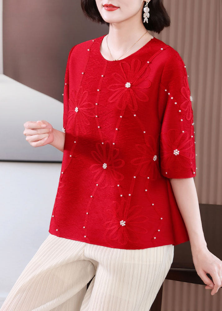 Casual Red Embroidered Nail Bead T Shirts Summer