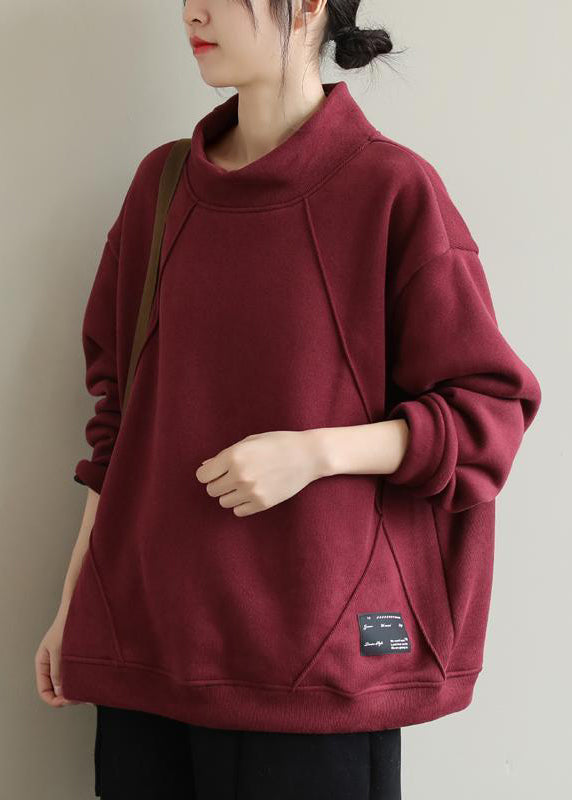 Casual Red Hign Neck Warm Fleece Pullover Sweatshirt Top Winter