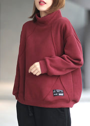 Casual Red Hign Neck Warm Fleece Pullover Sweatshirt Top Winter