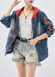 Casual Red Hooded Patchwork Denim Coats Fall