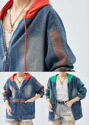 Casual Red Hooded Patchwork Denim Coats Fall
