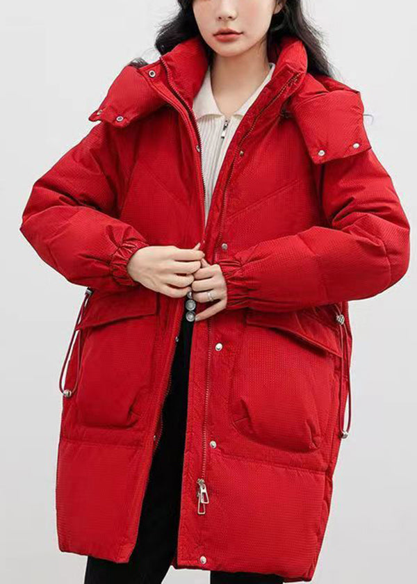 Casual Red Hooded Pockets Fine Cotton Filled Coat Winter