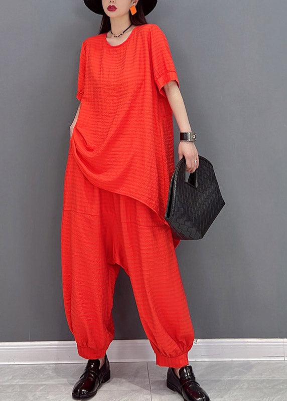 Casual Red Linen Top And Harem Pants Two Pieces Set Summer