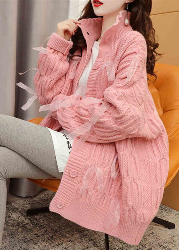 Lässiger rosa loser Knopf gemütlicher langer Pullover