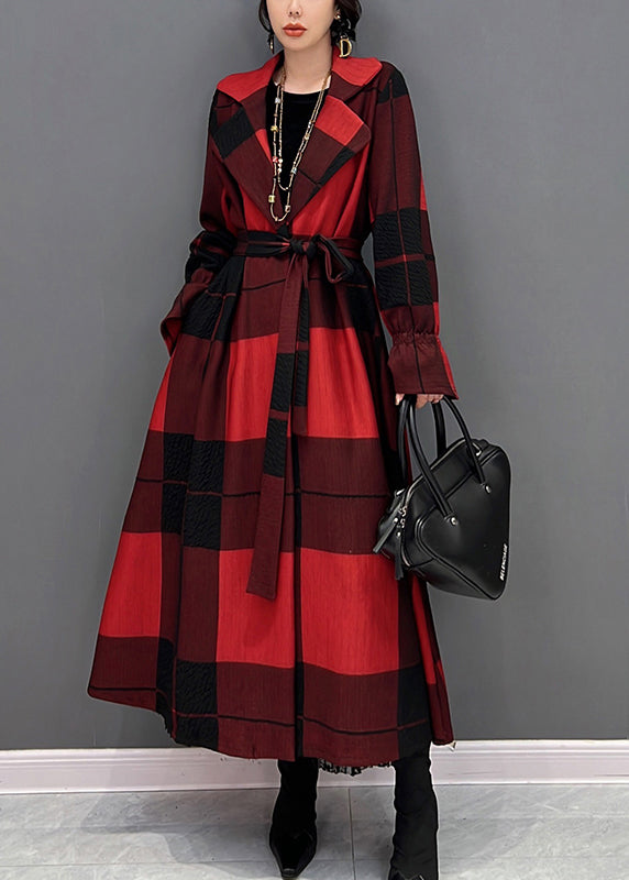 Casual Red Notched Plaid Tie Waist Long Coats Fall
