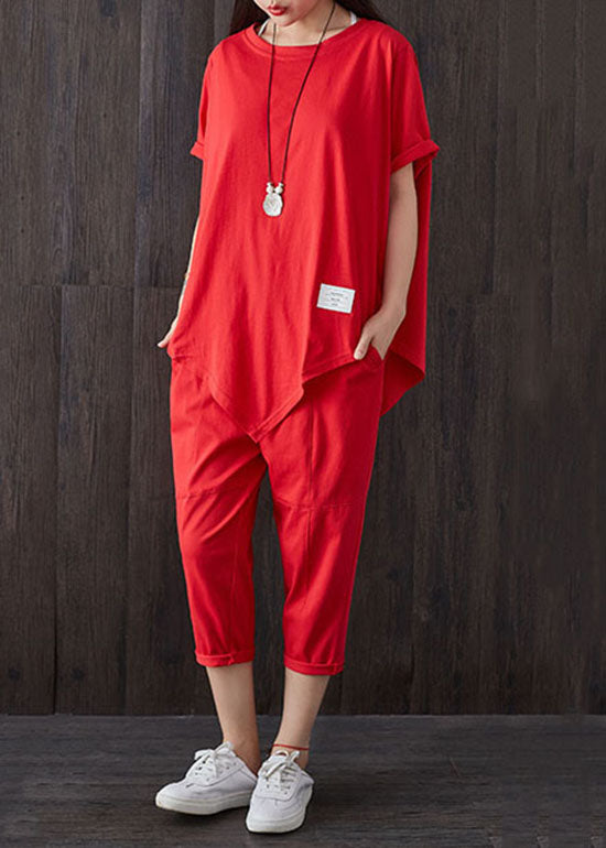 Casual Red O-Neck Asymmetrical Design Patchwork Cotton Two Pieces Set Summer