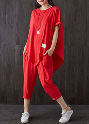 Casual Red O-Neck Asymmetrical Design Patchwork Cotton Two Pieces Set Summer