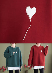 Casual Red O Neck Heart Print Cotton Sweatshirt Streetwear Winter