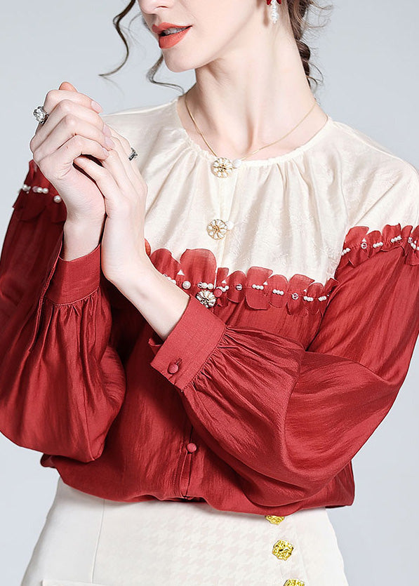 Casual Red O-Neck Patchwork Button Silk Shirt Long Sleeve