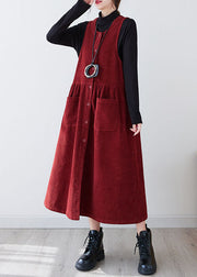 Casual Red O-Neck Patchwork Pockets Corduroy Maxi Dress Winter