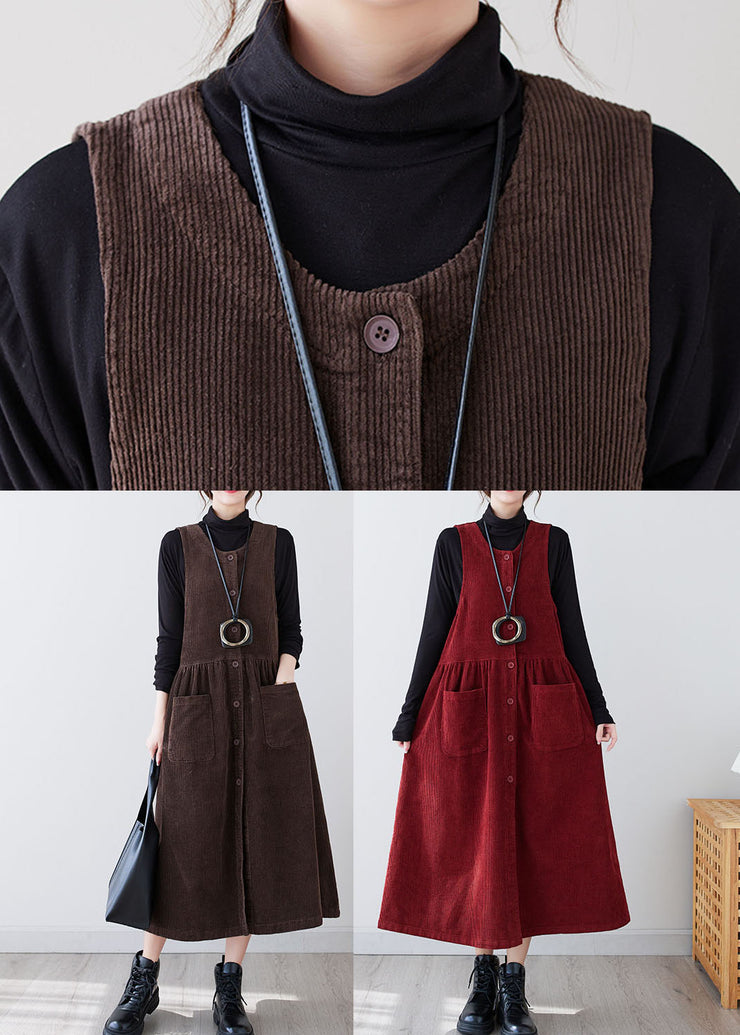 Casual Red O-Neck Patchwork Pockets Corduroy Maxi Dress Winter