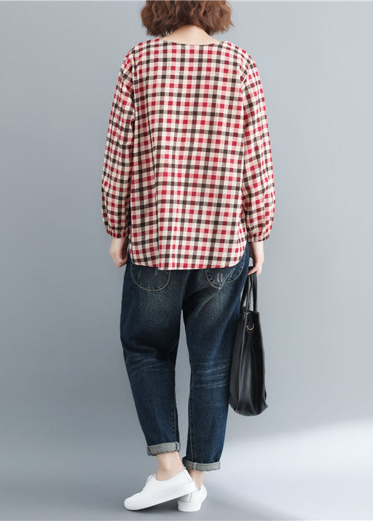 Casual Red O-Neck Plaid Cotton Loose Tops Spring