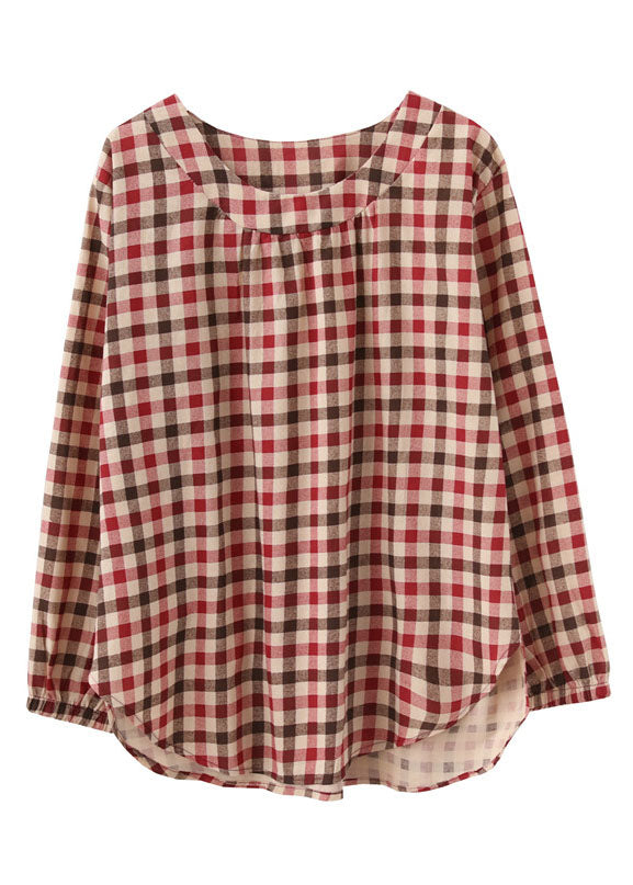 Casual Red O-Neck Plaid Cotton Loose Tops Spring