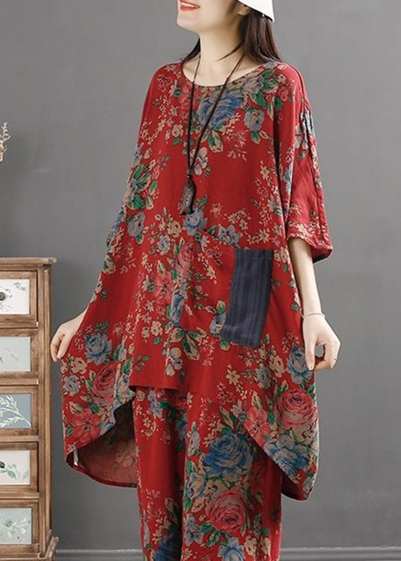 Casual Red O-Neck Print Low High Design Pockets Linen Tops Long Sleeve
