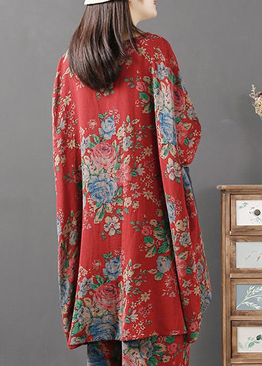 Casual Red O-Neck Print Low High Design Pockets Linen Tops Long Sleeve
