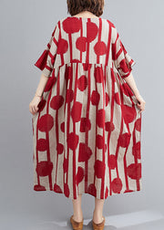 Casual Red O-Neck Print Wrinkled Exra Large Hem Cotton Long Dresses Short Sleeve