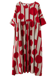 Casual Red O-Neck Print Wrinkled Exra Large Hem Cotton Long Dresses Short Sleeve