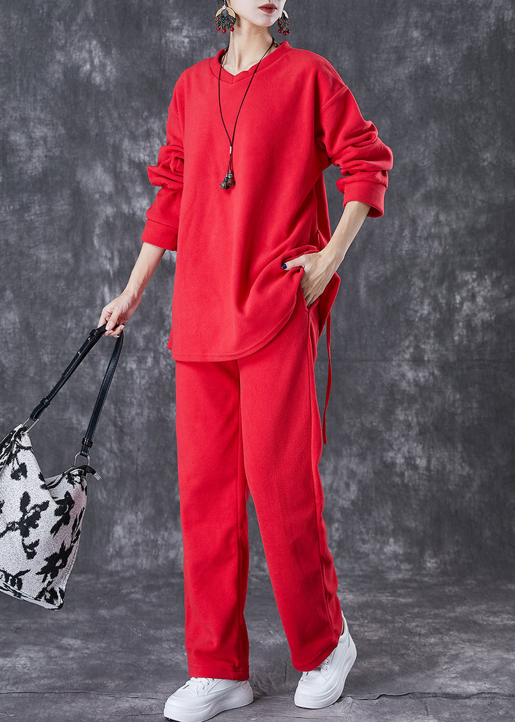 Casual Red Oversized Drawstring Velour Women Sets 2 Pieces Fall