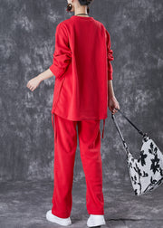 Casual Red Oversized Drawstring Velour Women Sets 2 Pieces Fall