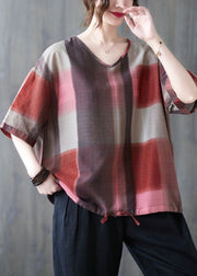 Casual Red Oversized Plaid Linen Tanks Summer