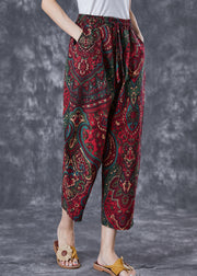 Casual Red Oversized Pockets Print Linen Pants Trousers Summer