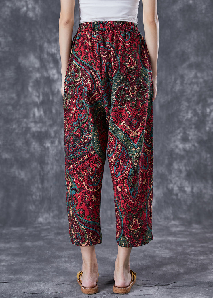 Casual Red Oversized Pockets Print Linen Pants Trousers Summer
