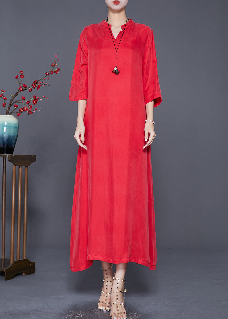 Casual Red Oversized Side Open Silk Dresses Bracelet Sleeve