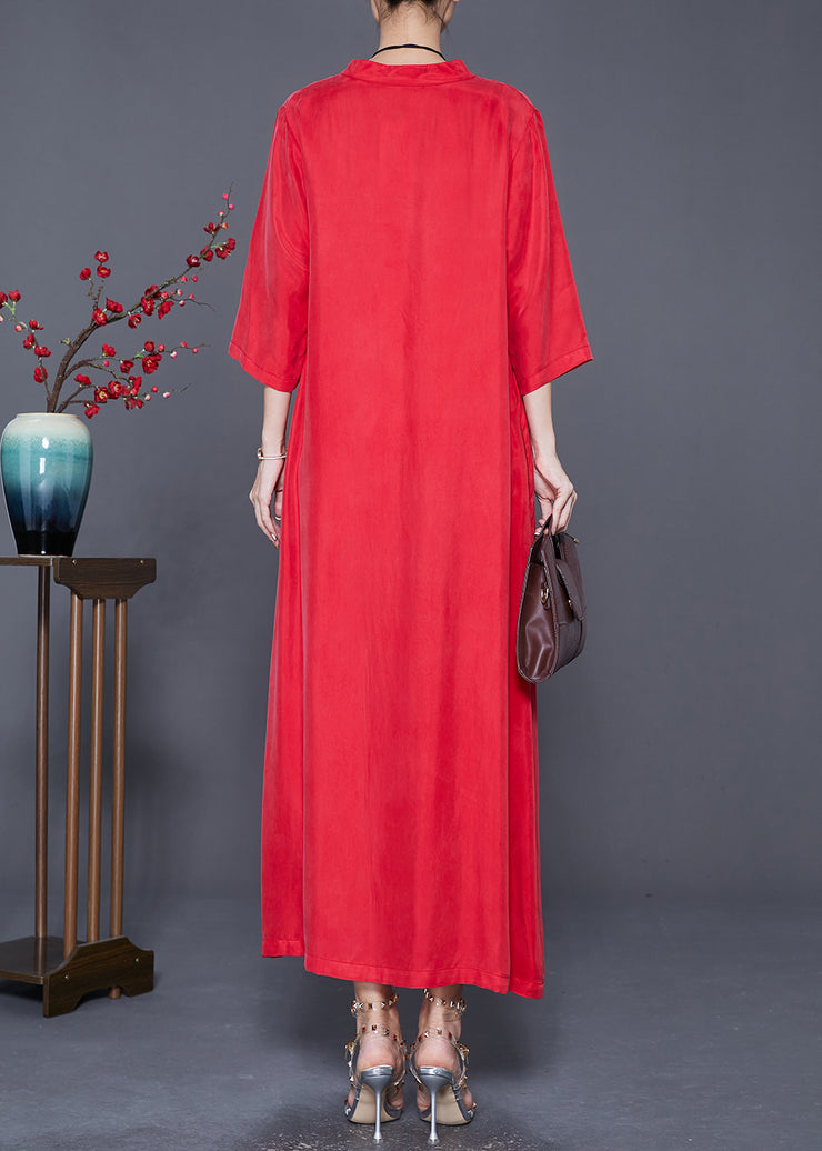 Casual Red Oversized Side Open Silk Dresses Bracelet Sleeve