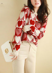 Casual Red Oversized Thick Loving Heart Print Knit Pullover Spring