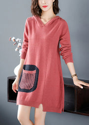 Casual Red Patchwork Knitted Cotton Thread Hooded Sweater Dress Fall