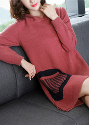 Casual Red Patchwork Knitted Cotton Thread Hooded Sweater Dress Fall