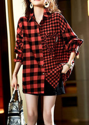 Casual Red Plaid Button Heart Patchwork Cotton Shirts Top Spring